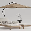 Wooden Frame Lounge Chair With White Cushion Beige Parasol And Decorative Vase