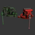 Two Black and Red Metal Bench Vices With Fixed Base Adjustable Jaws On Reflective Surface