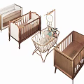 Various Baby Cribs with Wooden Metal Frames and Hanging Mobile Decor