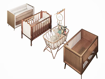 Various Baby Cribs with Wooden Metal Frames and Hanging Mobile Decor 3d model