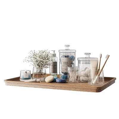 Daily Bathroom Essentials On Wooden Tray With Transparent Bottles Soap Toothbrush Candle Dried Flowers 3d model