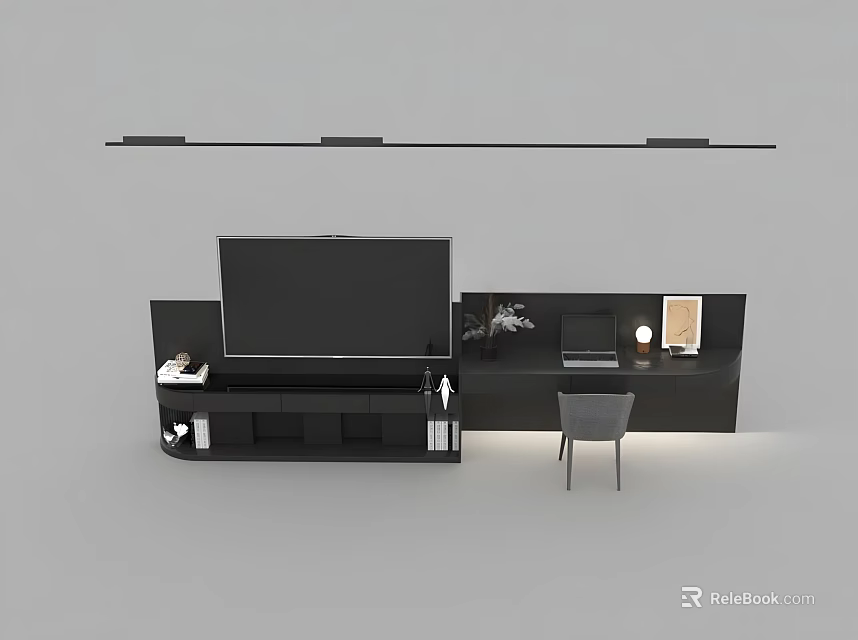 Modern Black TV Stand with Flat Screen TV Storage Space Decorative Items and Chair 3d model 
