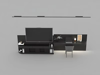 Modern Black TV Stand with Flat Screen TV Storage Space Decorative Items and Chair 3d model