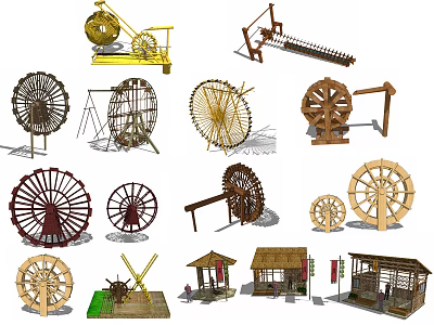 Various Traditional Garden Ornaments Including Water Wheels Windmills And Wooden Pavilions 3d model