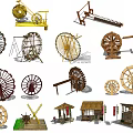 Various Traditional Garden Ornaments Including Water Wheels Windmills And Wooden Pavilions