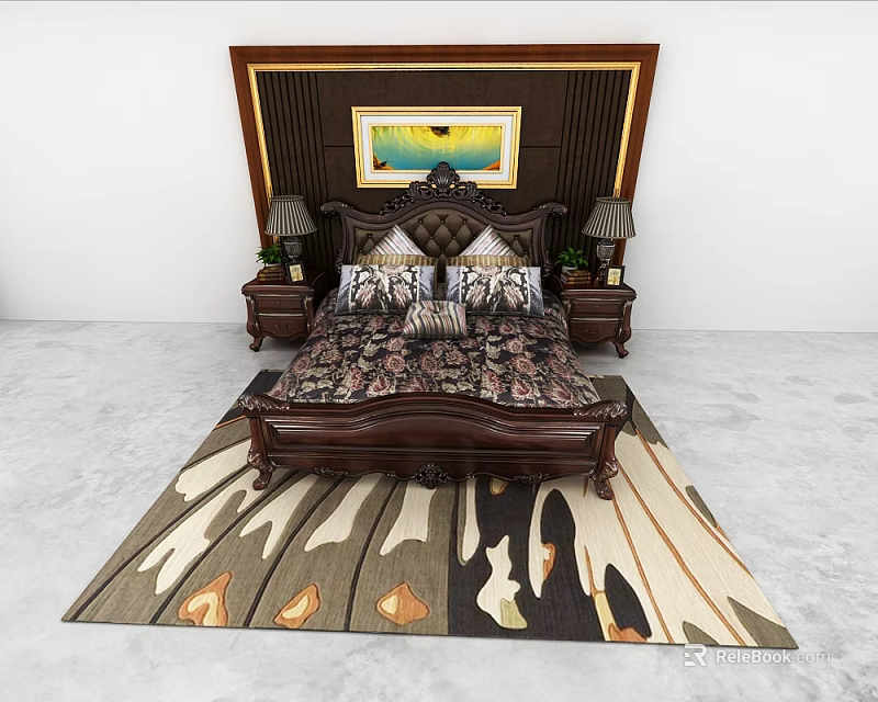 Luxury Wood Double Bed With Ornate Headboard Bedside Tables Lamps Framed Artwork And Area Rug 3d model 