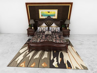 Luxury Wood Double Bed With Ornate Headboard Bedside Tables Lamps Framed Artwork And Area Rug 3d model