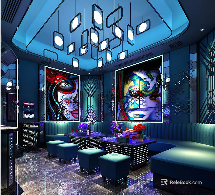 Stylish Modern KTV Interior Design With Colorful Art Murals Blue Sofas And Pendant Lights 3d model 