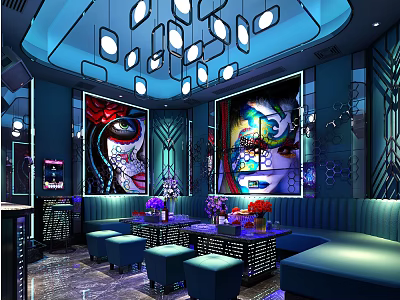 Stylish Modern KTV Interior Design With Colorful Art Murals Blue Sofas And Pendant Lights 3d model