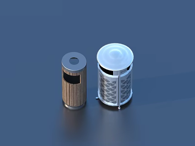 Two Modern Stylish Household Waste Bins With Wooden Texture And Metal Mesh Lids 3d model