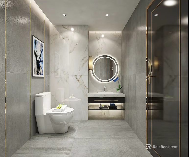 Modern Luxury Marble Bathroom With LED Round Vanity Mirror And Full Bath Fixtures Interior Design 3d model 