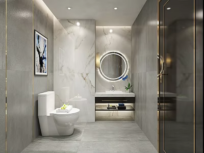 Modern Luxury Marble Bathroom With LED Round Vanity Mirror And Full Bath Fixtures Interior Design 3d model