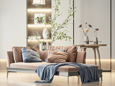 Cozy Leisure Chair With Soft Pillows And Blue Blanket Near Green Plants And Lit Shelf 3d model
