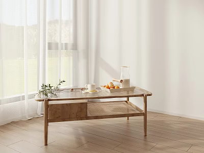 Natural Wooden Coffee Table With Potted Plant Fruits Milk Jar And Cup By Window 3d model