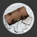 Brown Leather Handbag With Twin Handles Gold Buckle And White Tag