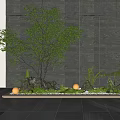 Modern Indoor Landscape With Gray Stone Wall Vertical Light Strips Green Tree And Orange Spheres