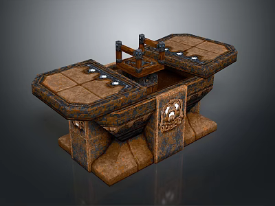Rustic Stone Textured Furniture Table With Multiple Surfaces Central Structure And Ornate Carvings 3d model