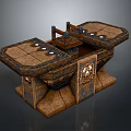Rustic Stone Textured Furniture Table With Multiple Surfaces Central Structure And Ornate Carvings