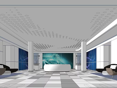 Modern Lobby Interior Ceiling Circular Patterns Round Reception Desk Blue Accent Wall Checkerboard Floor Sofa Chairs 3d model