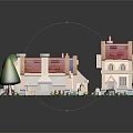 Cartoon Village Scene With Colorful Houses Red Purple Roofs Green Trees And Pathway