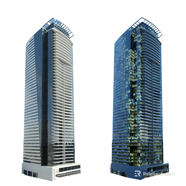 Twin Modern High Rise Office Building Exterior With Glass Curtain Walls And Illuminated Design 3d model 