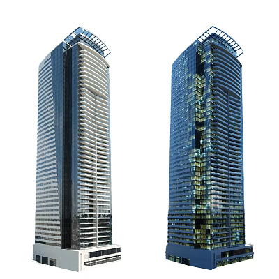Twin Modern High Rise Office Building Exterior With Glass Curtain Walls And Illuminated Design 3d model