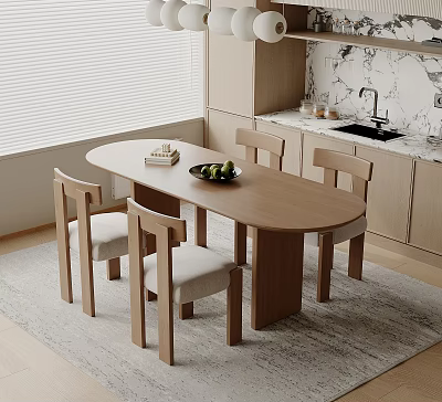 Wooden Oval Dining Table And Chairs Set With Light Padded Seats In Modern Kitchen Area 3d model