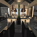 Hotpot Restaurant Interior With Wooden Tables Chairs Hanging Lamps And Chinese Style Decor