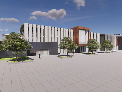 Modern Industrial Factory Building Exterior With White Red Facade Large Windows And Trees In Square 3d model
