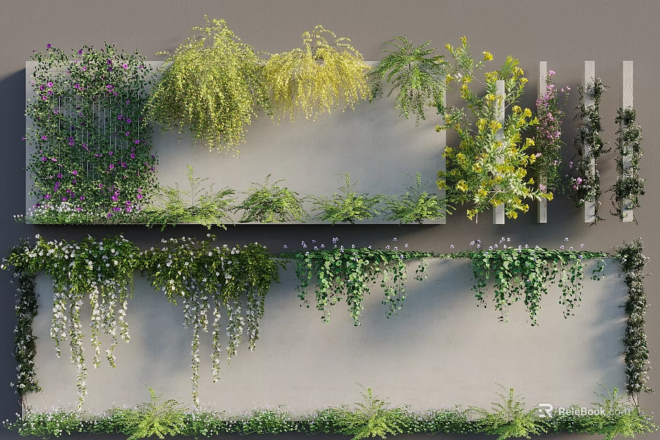 Various Decorative Vines Hanging On Gray Wall With Green And Yellow Foliage 3d model 