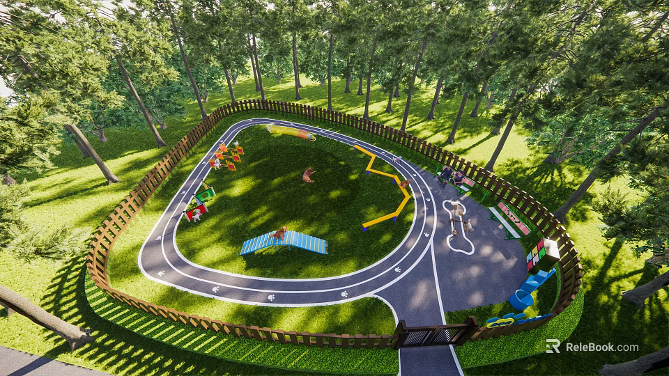 Wooded Surroundings Circular Fenced Children's Playground With Track Slides Swings Green Lawn And Gray Path 3d model 