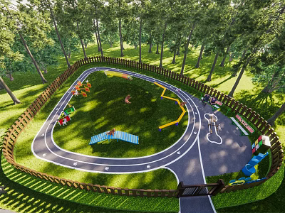 Wooded Surroundings Circular Fenced Children's Playground With Track Slides Swings Green Lawn And Gray Path 3d model