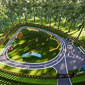 Wooded Surroundings Circular Fenced Children's Playground With Track Slides Swings Green Lawn And Gray Path