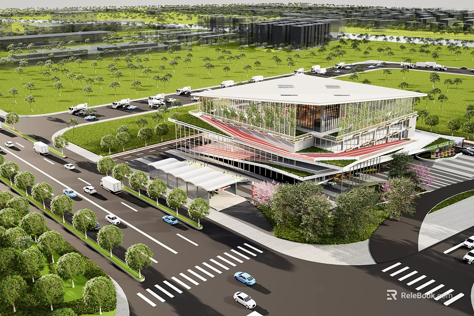 Modern Architectural Building With Glass Facade Surrounding Roads Trees And Vehicles 3d model 
