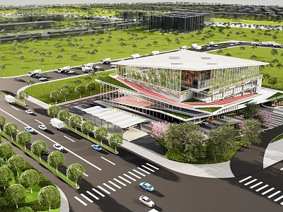 Modern Architectural Building With Glass Facade Surrounding Roads Trees And Vehicles 3d model