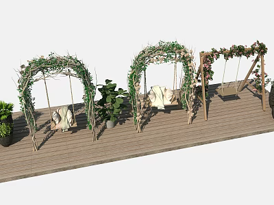 Outdoor Playground Equipment With Wooden Platform Greenery Decorated Arches And Swing Seats 3d model