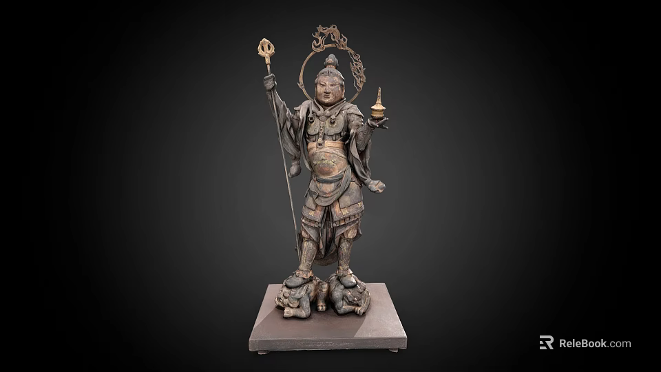 Traditional Deity Sculpture With Ornate Details Holding Scepter And Lantern On Pedestal Base 3d model 