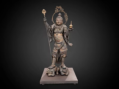 Traditional Deity Sculpture With Ornate Details Holding Scepter And Lantern On Pedestal Base 3d model