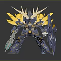 Armored Mech Character With Blue Yellow Armor Horns Shield Weapon And Wing Structures 3d model