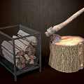 Wooden Logs In Metal Basket Alongside Tree Stump And Axe With Wooden Handle