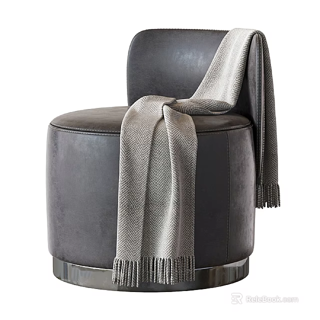 Modern Gray Leather Ottoman With Fringe Blanket And Metal Base 3d model 
