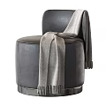 Modern Gray Leather Ottoman With Fringe Blanket And Metal Base