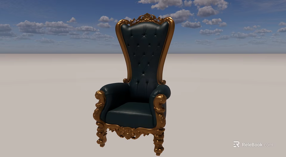 Ornate Leisure Chair With Gold Carvings Dark Green Leather And Tufted Backrest 3d model 