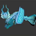 Blue Dragon Character 3D Model Lying With Horns Wings Tail And Shiny Reflective Surface