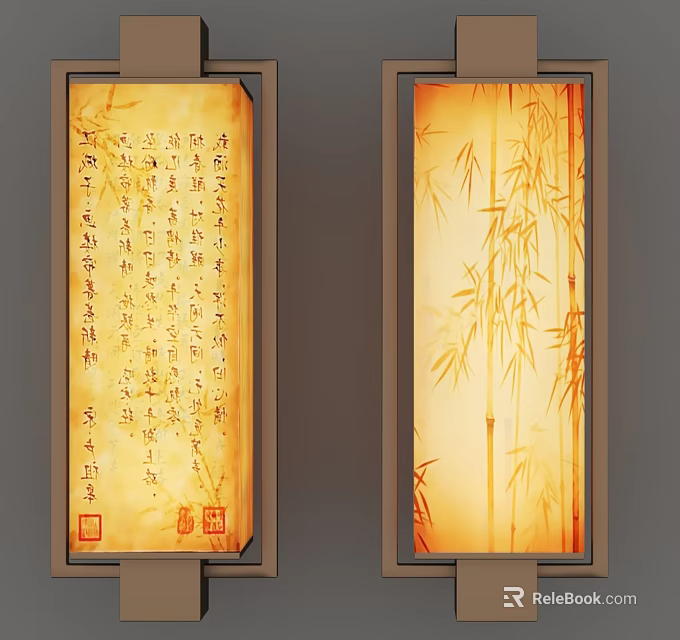 Chinese Traditional Wall Lamps With Calligraphy Art And Bamboo Patterns Wooden Frame 3d model 