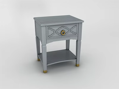 Elegant Gray Bedside Table With Carved Drawer And Gold Knob Details 3d model