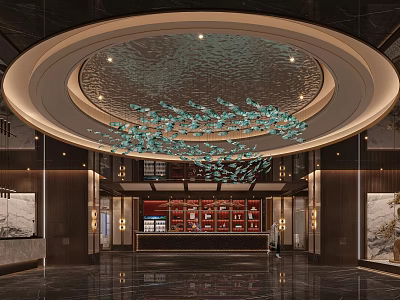 Elegant Hotel Lobby Interior With Circular Ceiling Blue Glass Fish Decorations And Marble Floor 3d model