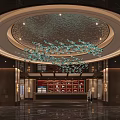 Elegant Hotel Lobby Interior With Circular Ceiling Blue Glass Fish Decorations And Marble Floor