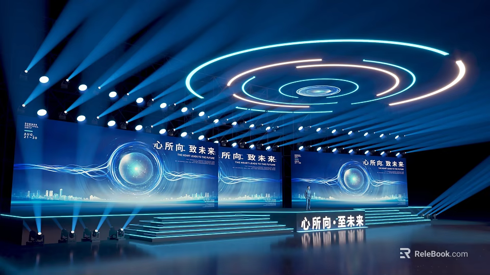 Modern Blue Stage Design With Circular Ceiling Lights Large Screens And Steps 3d model 