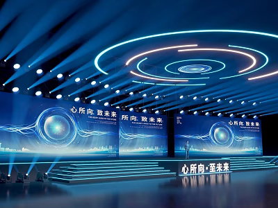 Modern Blue Stage Design With Circular Ceiling Lights Large Screens And Steps 3d model